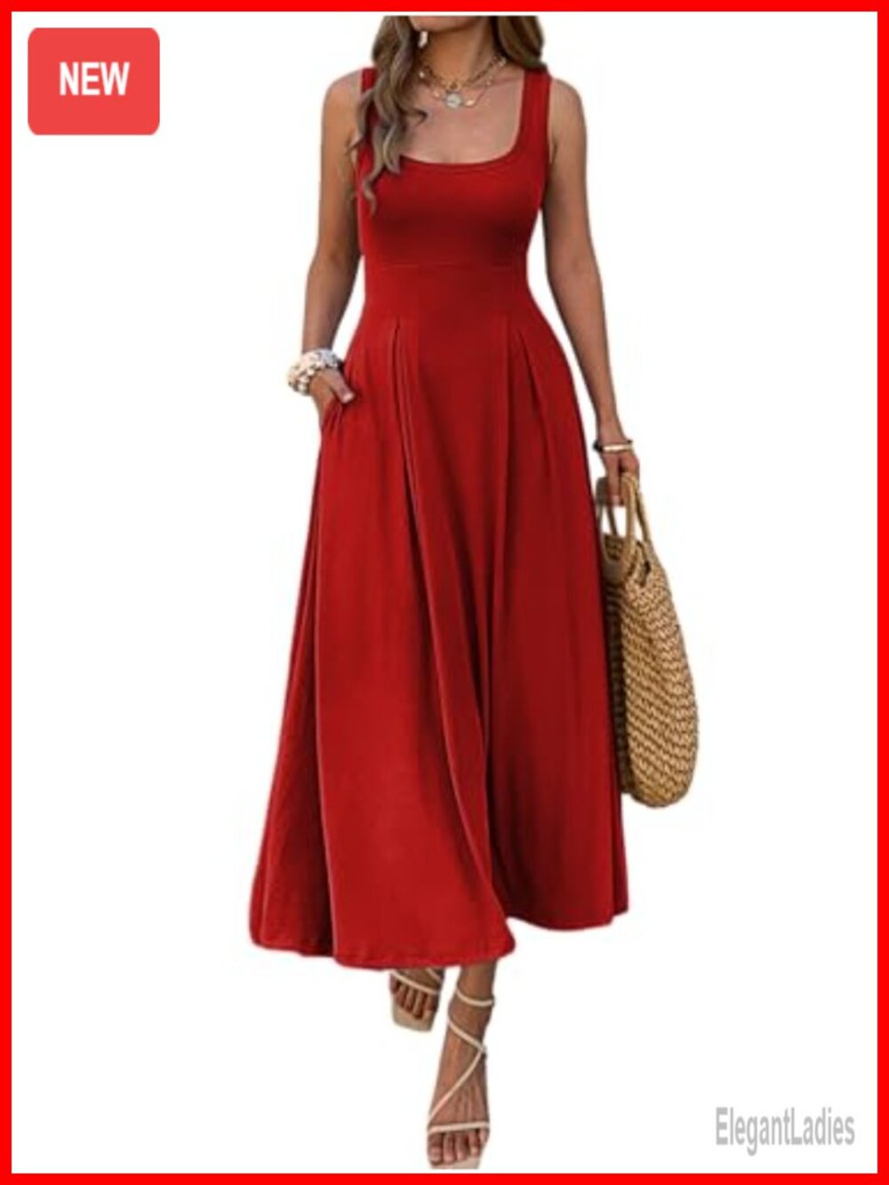 Sleeveless Maxi Dress Square Neck A-Line Pleated Flowy Womens